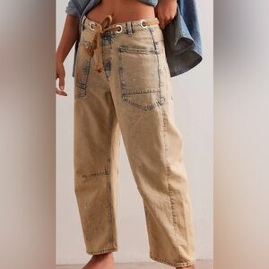 Free People WE THE FREE LOW SLUNG MOXIE BARREL DISTRESSED JEANS